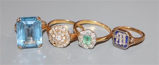 A yellow metal and diamond cluster ring (stone missing) and three other rings including 1920s emerald and diamond cluster ring.